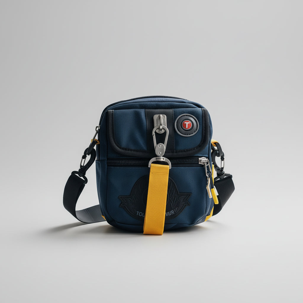 Blue bag with a yellow strap on a desk in a room with books and plants.