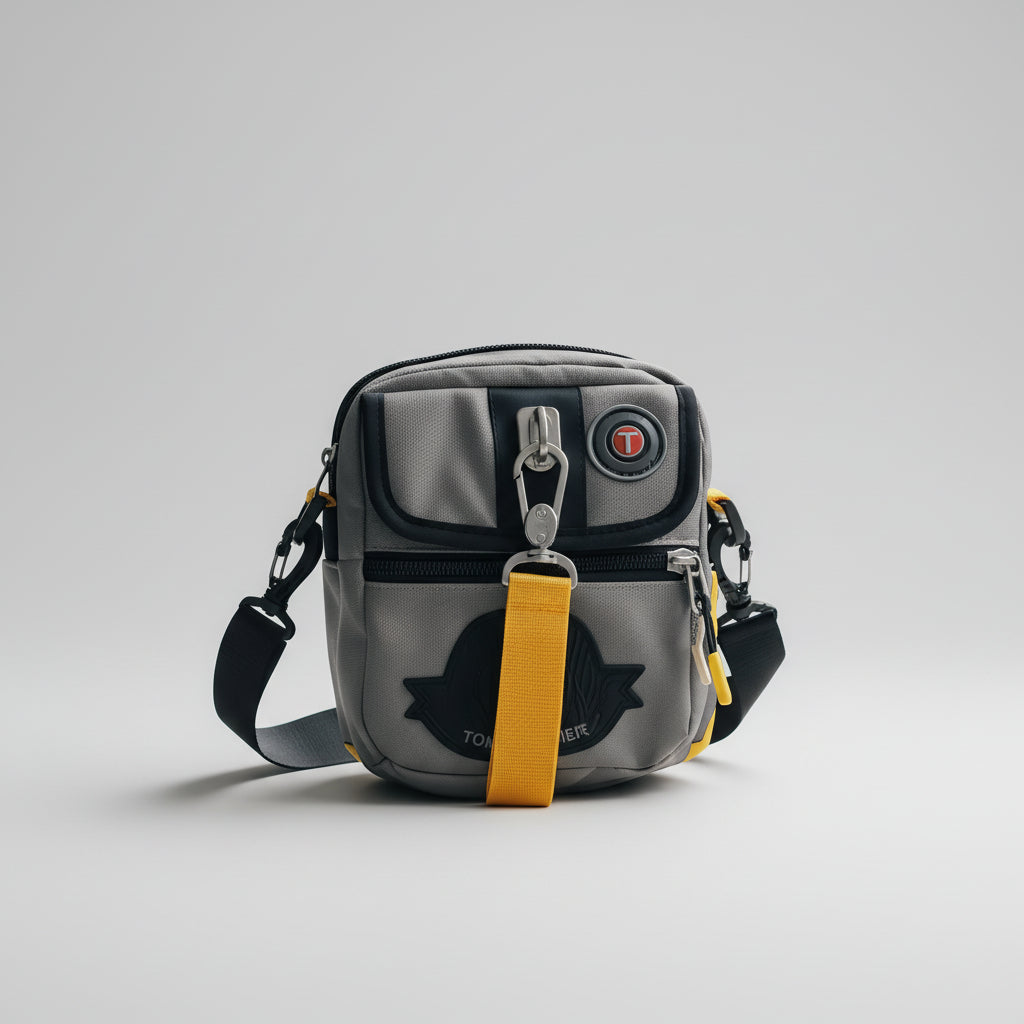 Small black bag with a yellow strap on a desk with books and a mug in the background