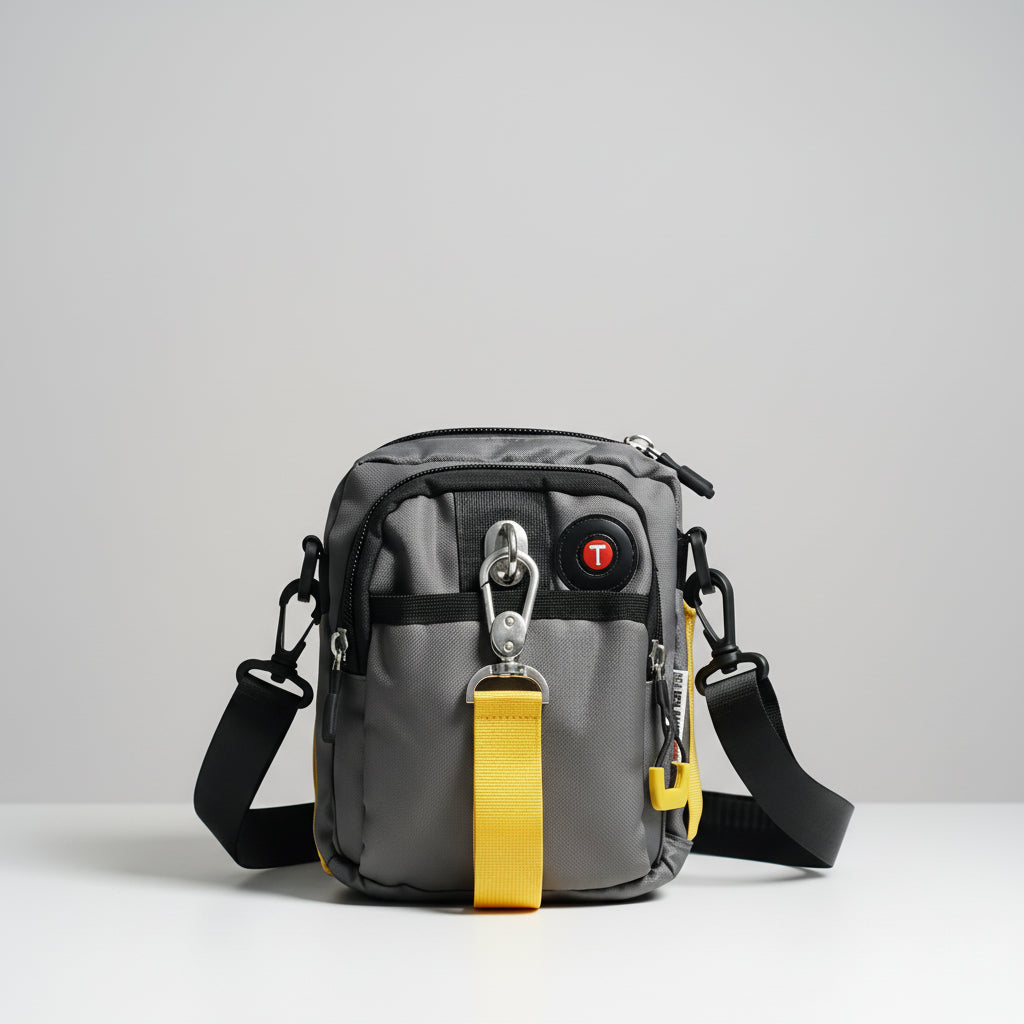 Gray shoulder bag with a yellow tag on a wooden surface and light gray background