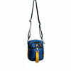 Blue crossbody bag with a yellow strap on a white background