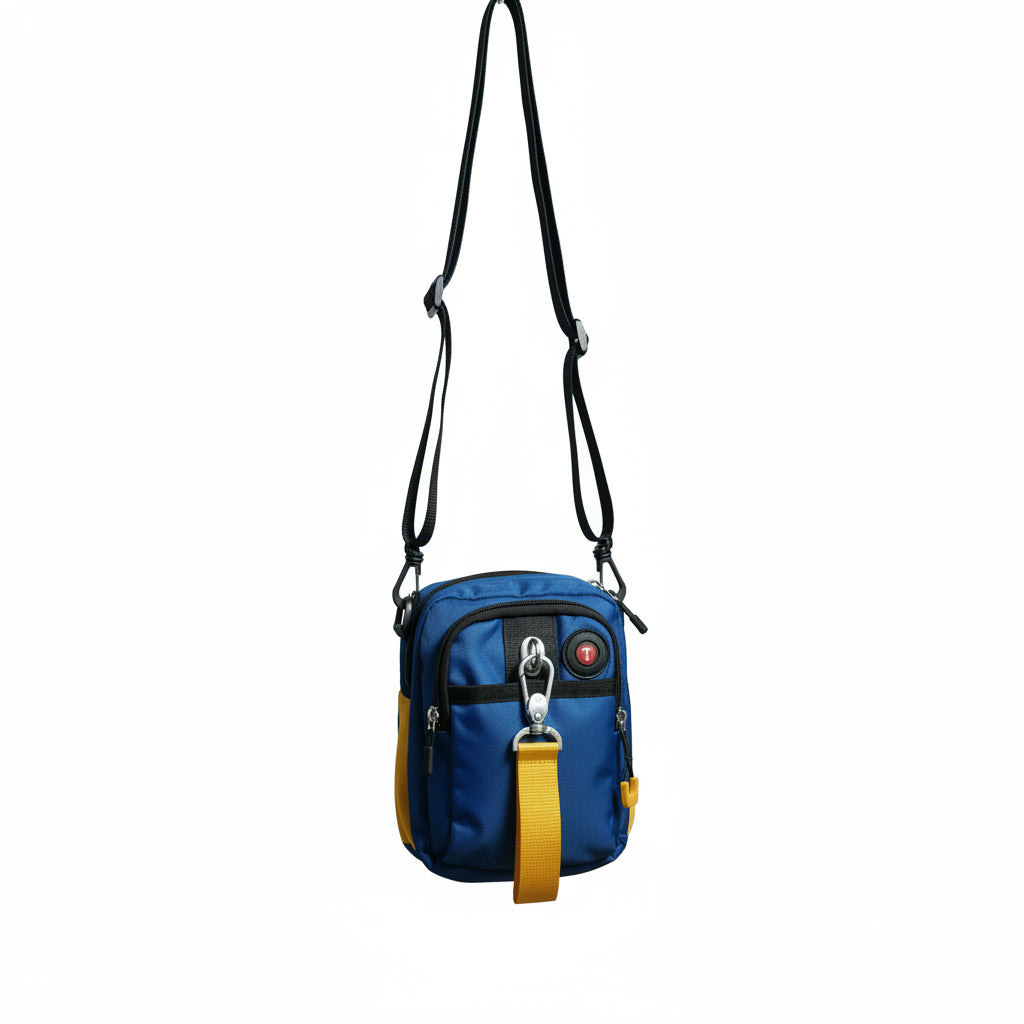 Blue crossbody bag with a yellow strap on a white background