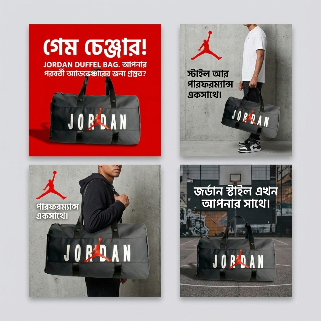 Four promotional posters of Jordan duffel bags with text in a non-Latin script on a white background.

Lightweight, ergonomic, and business-friendly packs from brands like Arctic Hunter offer dedicated laptop and shoe compartments

basic fold-away duffels starting at ৳146 up to rolling hard-shell trolleys and multi-compartment packs
