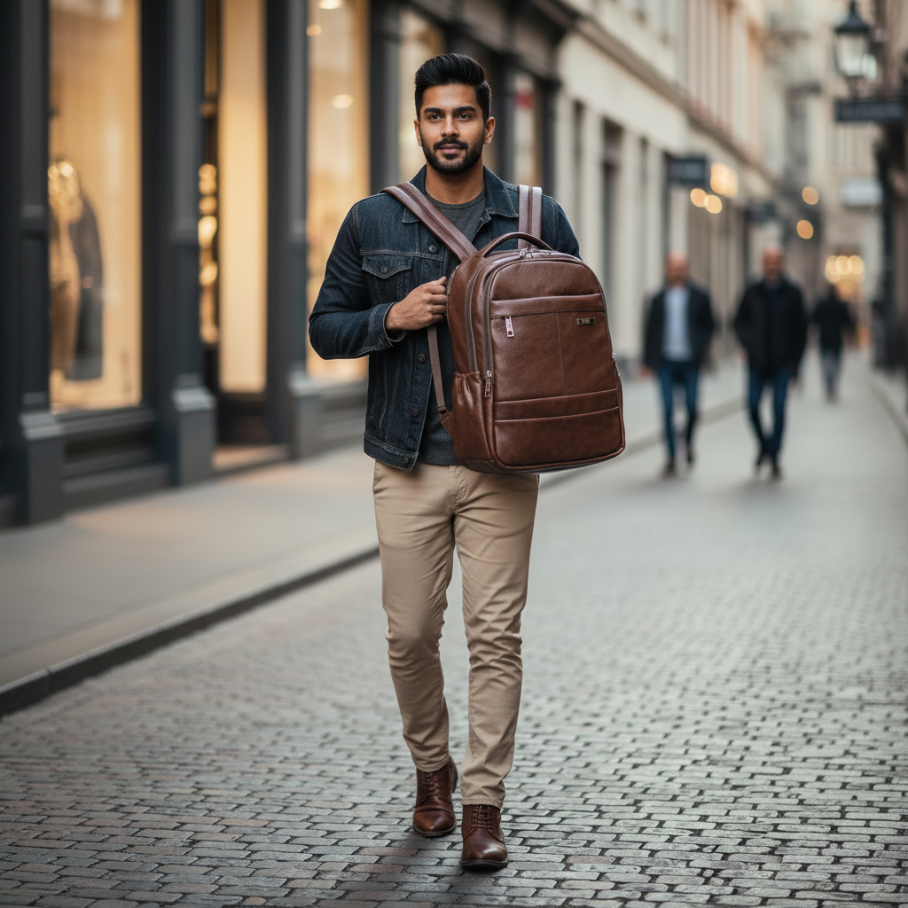 Man walking on a city street with a brown leather backpack