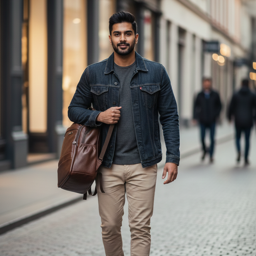 Man walking on a street wearing a denim jacket and carrying a brown leather bag.

#LEGACYBag #LeatherBackpack #LaptopBag #TravelBackpack #PULeatherBag #OfficeBag #ExecutiveBag #MenStyle #DurableBackpack #LightweightBag #EverydayUse #BackpackForTravel