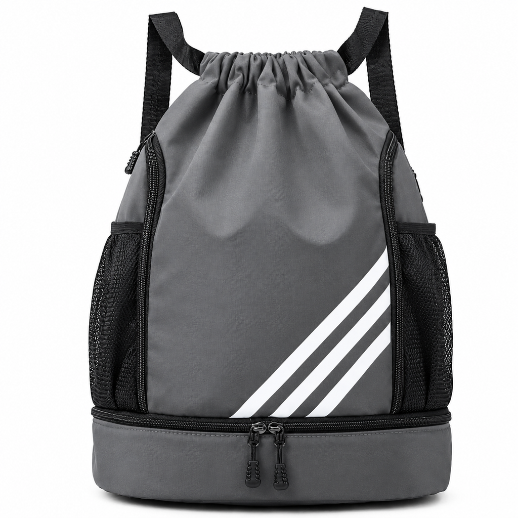Stay organized during workouts, football practice and everyday activities with this versatile sports drawstring backpack. Designed with a spacious main compartment, convenient side mesh pockets and a separate lower compartment for shoes, it helps keep your sports essentials organized.

Black drawstring backpack on a white surface with a neutral background

Product Type: Backpack, Gym Bag, Drawstring Bag, Sports Gear

Features: Shoe Compartment, Side Mesh Pocket, Waterproof, Lightweight, Adjustable Straps

