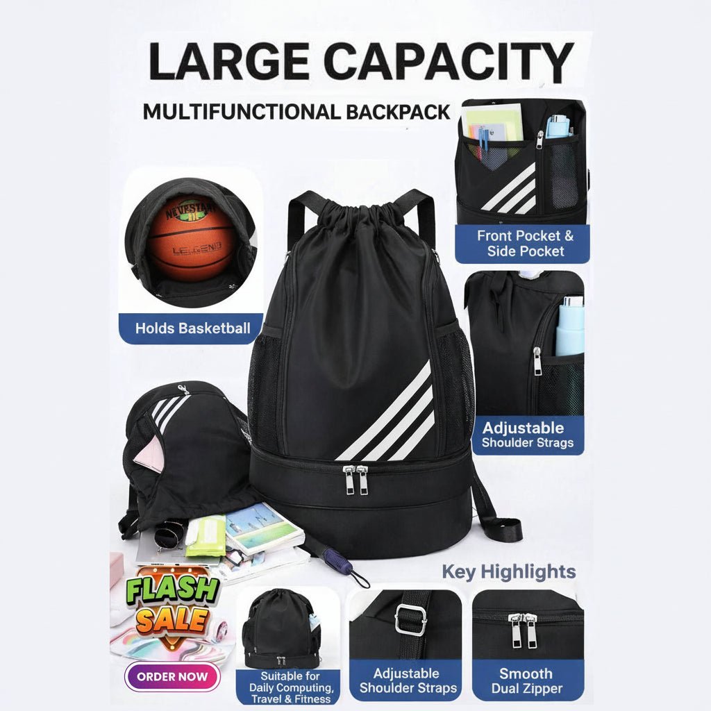 Black multifunctional backpack with various items and features highlighted on a white background.

Upgrade your training with a water resistant sports drawstring backpack featuring a separate shoe compartment, side mesh pockets and a lightweight design. Ideal for gym, football, travel and daily use.

Water Resistant Sports Drawstring Backpack with Shoe Compartment & Side Pockets