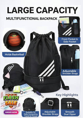 Black multifunctional backpack with various items and features highlighted on a white background.

Upgrade your training with a water resistant sports drawstring backpack featuring a separate shoe compartment, side mesh pockets and a lightweight design. Ideal for gym, football, travel and daily use.

Water Resistant Sports Drawstring Backpack with Shoe Compartment & Side Pockets