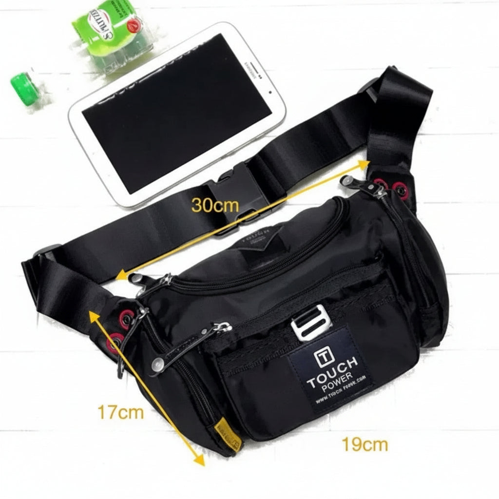 Black waist bag with measurements and a smartphone for scale on a white background

Touch Power Stylish Crossbody Sling & Waist Bag for Men – Multi-Zipper Travel Chest Bag

Buy Touch Power durable black crossbody sling bag with multiple zipper compartments. Ideal for daily travel, biking, and outdoor use. Waterproof & lightweight design
