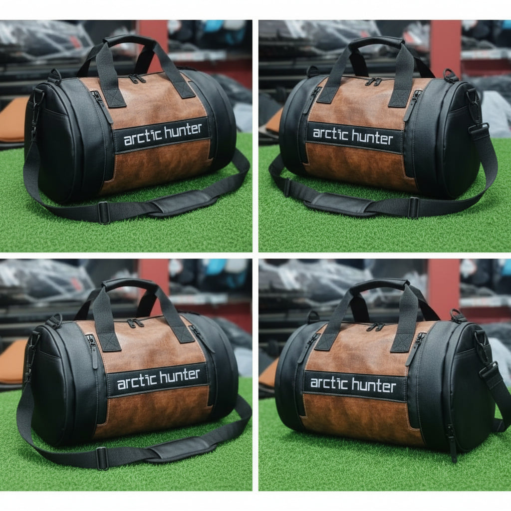 Brown duffel bag with black accents and 'arctic hunter' branding on a grassy background.
