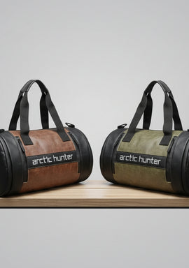 Two duffel bags on a table with 'Fitness & Style' text and gym background.