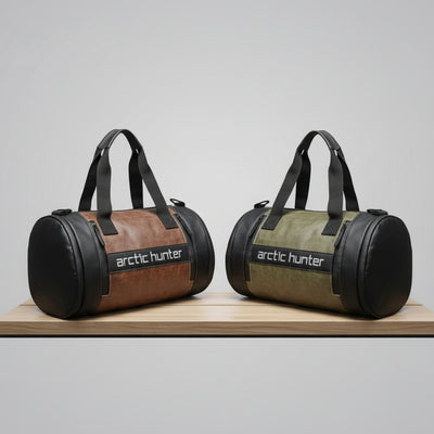 Two duffel bags on a table with 'Fitness & Style' text and gym background.
