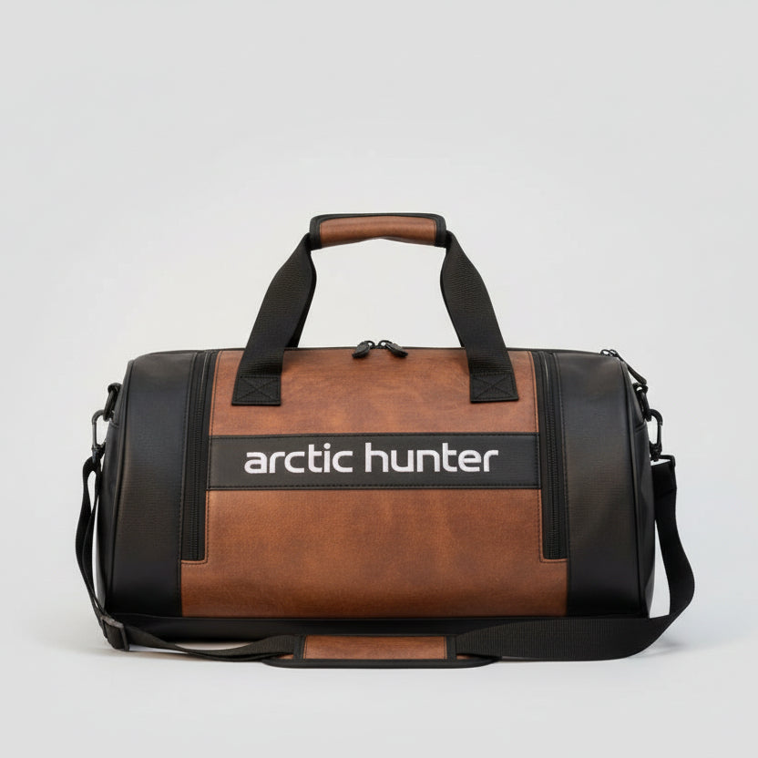 Brown duffel bag with 'arctic hunter' logo in a gym setting