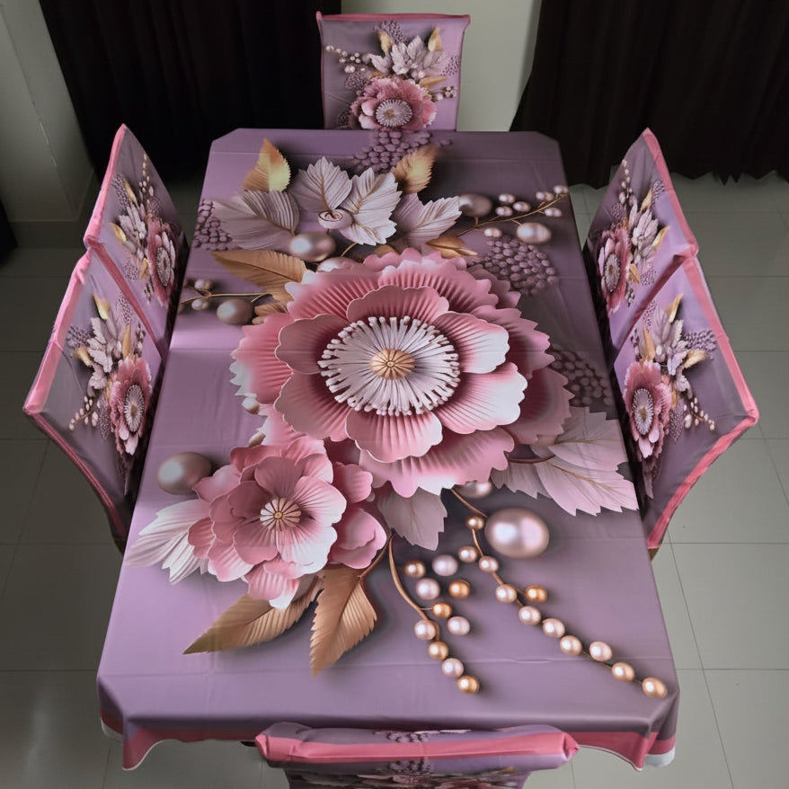 Affordable 3D Designs  Dining Covers Decorative Dining Table Cloth With Six Chair Cover (FREE ) Premium Quality