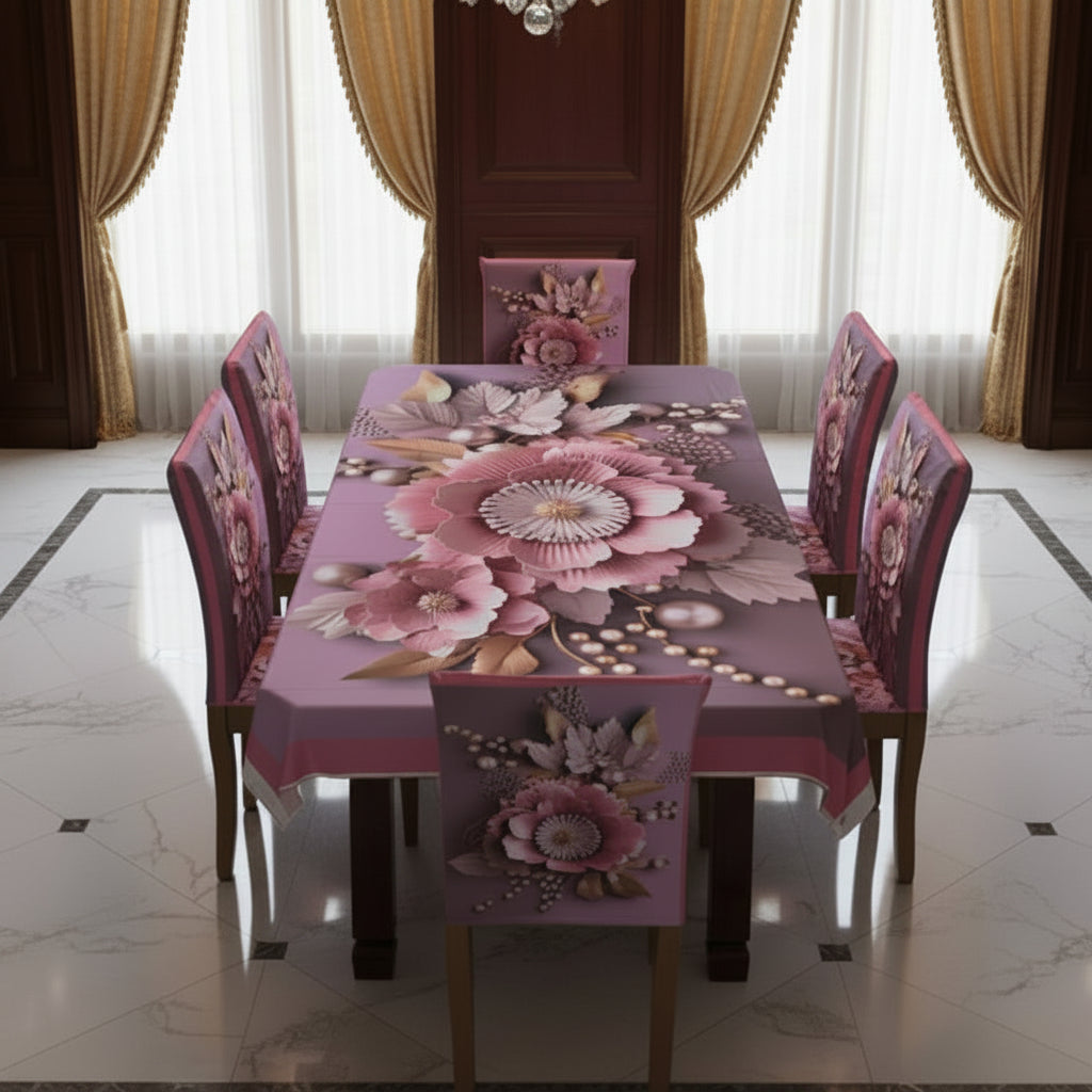 Affordable 3D Designs  Dining Covers Decorative Dining Table Cloth With Six Chair Cover (FREE ) Premium Quality