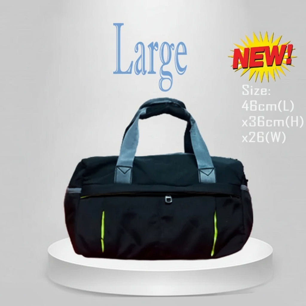 Black duffel bag with blue handles on a gray background, labeled 'Large' and 'NEW!'.