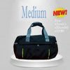 Black duffel bag with blue handles on a gray background, labeled 'Medium' and 'NEW!'.