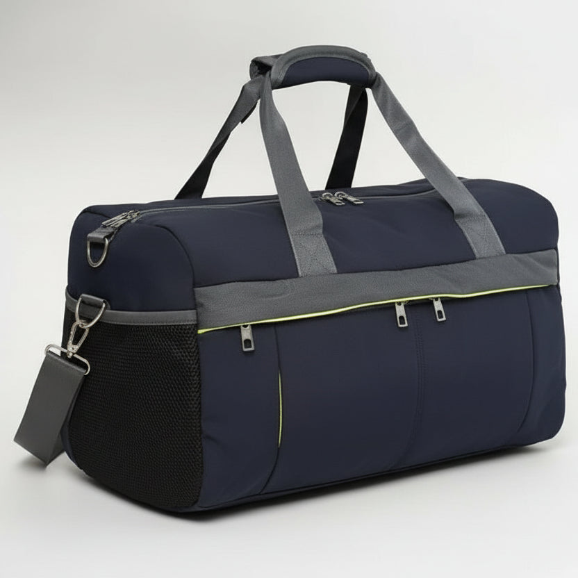 Black and gray duffel bag on a light gray background