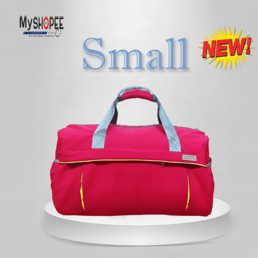 Red duffel bag with gray handles on a white platform, branded with Mysopee.