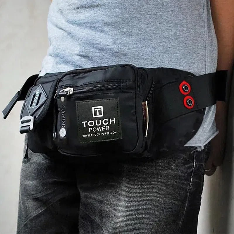 Black waist bag with 'Touch Power' branding worn by a person.

Buy Touch Power durable black crossbody sling bag with multiple zipper compartments. Ideal for daily travel, biking, and outdoor use. Waterproof & lightweight design