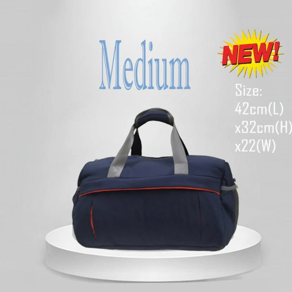 Navy blue duffel bag with gray handles on a white platform, labeled 'Medium' and 'NEW!' with dimensions.