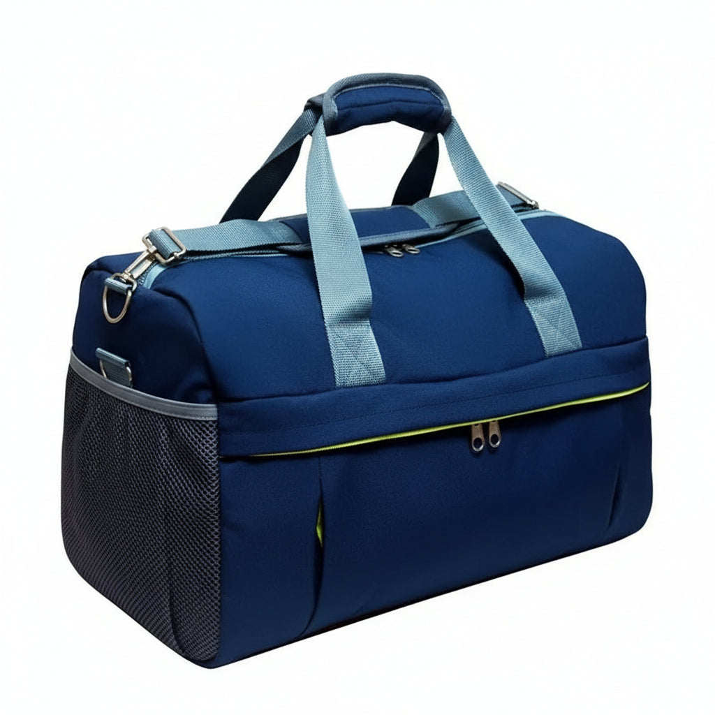 Blue duffel bag with light blue handles on a white background