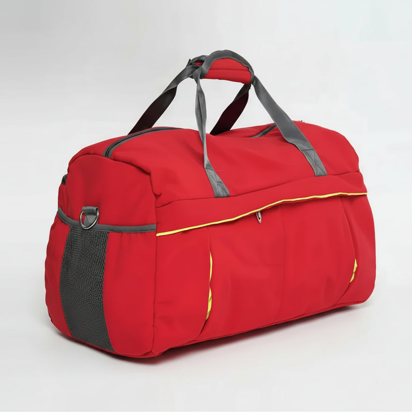 Red duffel bag with gray straps on a light gray background