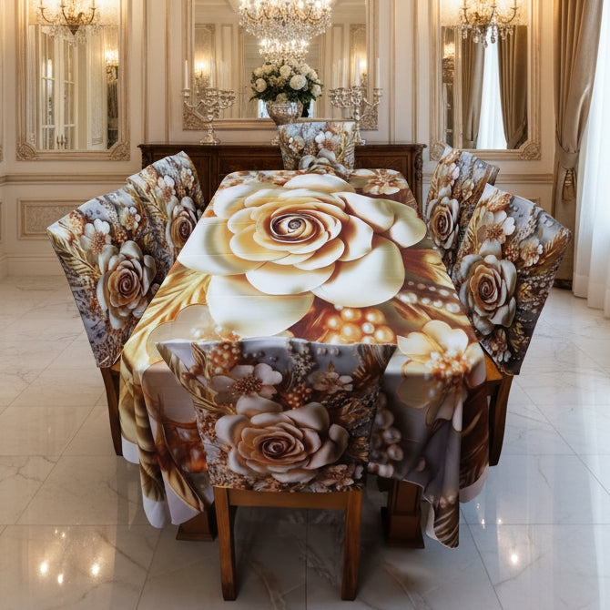 Decorative 3D Designs  Dining Table Cloth With Six Chair Cover   (FREE ) Premium Quality