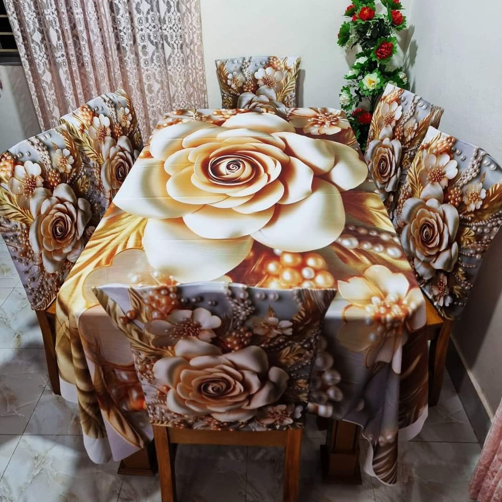 Decorative 3D Designs  Dining Table Cloth With Six Chair Cover   (FREE ) Premium Quality